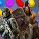 A solider with a rifle stands near a large, brown orc and both are in front of a screenshot of Candy Crush.